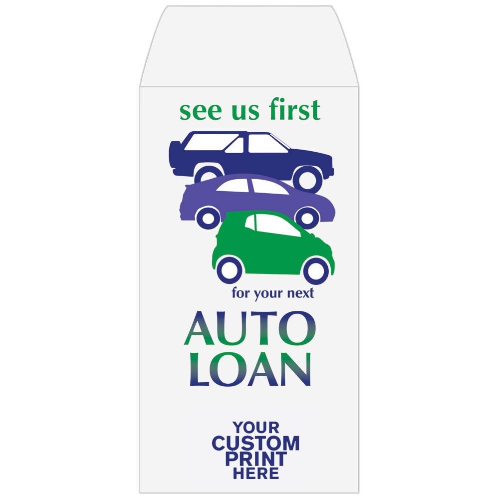 2 Color Pre-Designed Teller Envelopes - See us first - Auto Loan - shown with custom imprint 