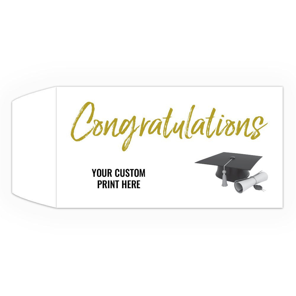 Wide open end bank envelopes for cash with imprint location - 2 Color Pre-Designed Drive Up Envelope - Congratulations w/ Hat