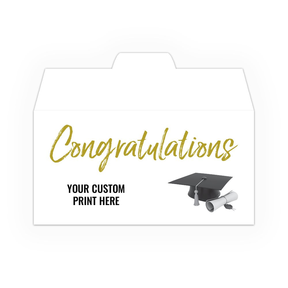 Side open Drive thru money envelopes with imprint locaiton - 2 Color Pre-Designed Drive Up Envelope - Congratulations w/ Hat