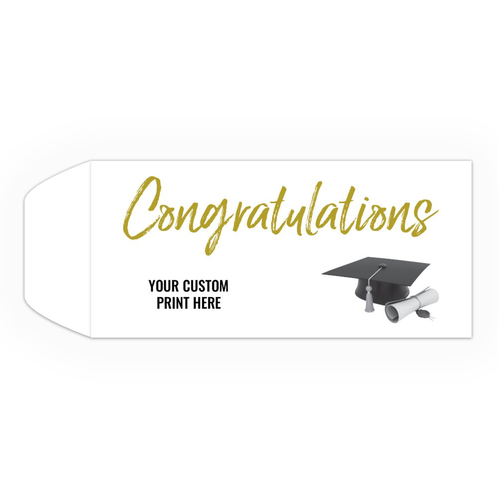 Standard open Cash envelopes for drive up bank tellers  with imprint location -  2 Color Pre-Designed Drive Up Envelope - Congratulations w/ Hat
