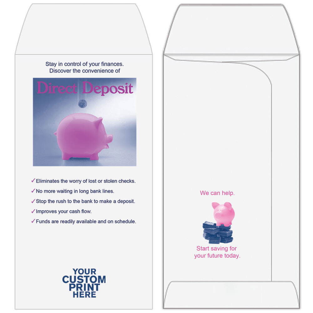 2 Color Pre-Designed Teller Envelopes - Direct Deposit , Wide open end bank envelopes for cash
