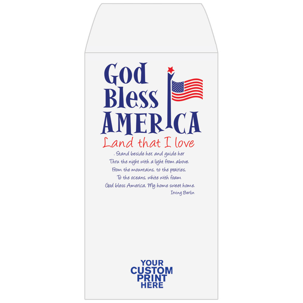 2 Color Pre-Designed Teller Envelopes - God Bless America, Wide open end bank envelopes for cash with imprint location 