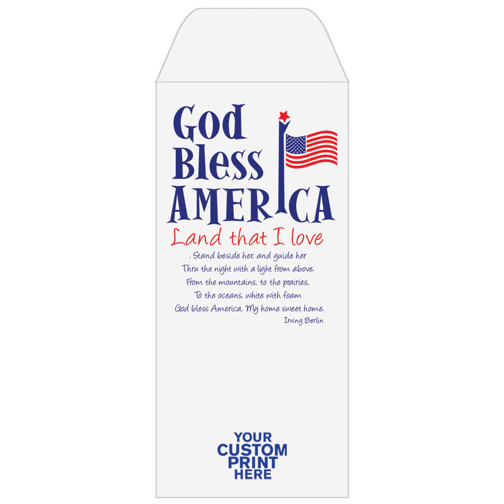 2 Color Pre-Designed Teller Envelopes - God Bless America, Standard open Cash envelopes for drive up bank tellers  with imprint location 