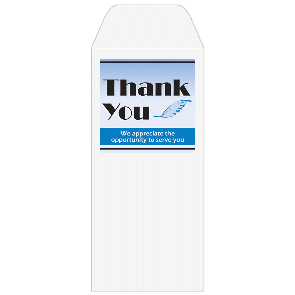 2 Color Pre-Designed Drive Up Envelope - Thank you - Feather, Standard open Cash envelopes for drive up bank tellers 