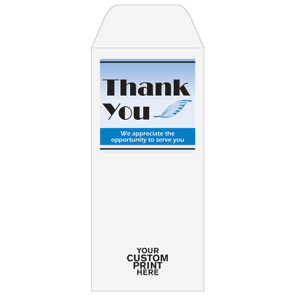 2 Color Pre-Designed Drive Up Envelope - Thank you - Feather, Standard open Cash envelopes for drive up bank tellers with imprint location 
