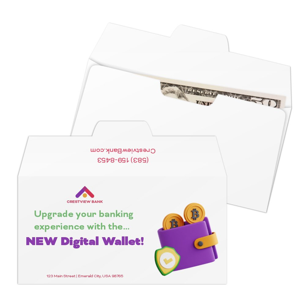 Side open Drive thru money envelopes shown with cash in envelope; Contents in {item} are for illustration purposes only