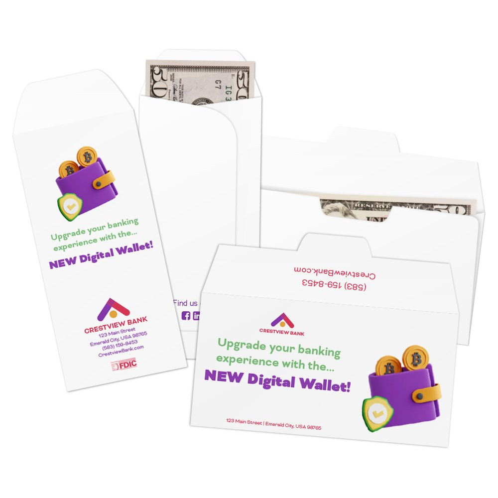 Standard open  & Side open Drive thru Cash envelopes for drive up bank tellers  with cash in envelope; The cash or coin shown is for illustration purposes only 