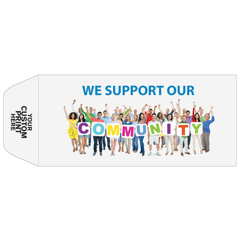 Full Color Pre-Designed Drive Up Envelope - Community Support, Standard open Cash envelopes for drive up bank tellers  with imprint location for customization 