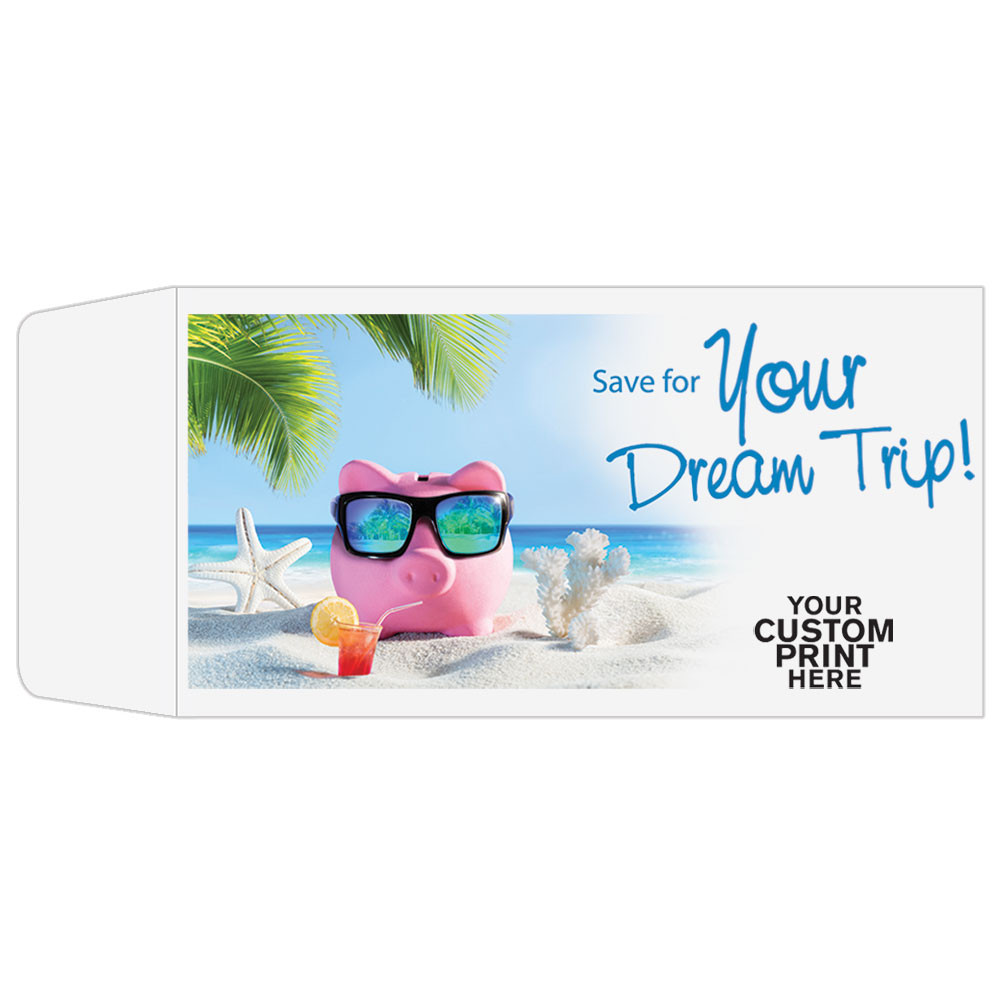 Full Color Pre-Designed Drive Up Envelope - Save for Your Dream Trip - Coin style bank envelopes with imprint location 
