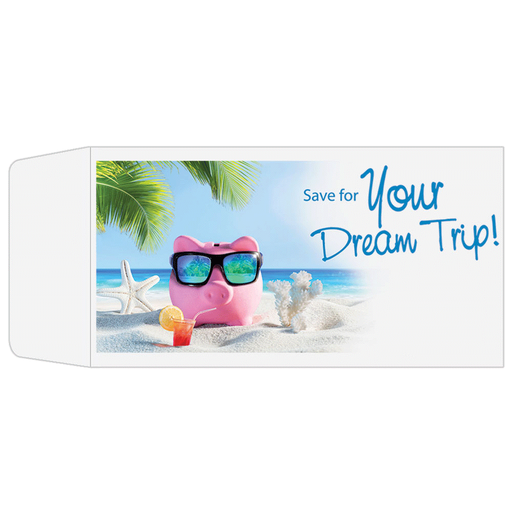 Full Color Pre-Designed Drive Up Envelope - Save for Your Dream Trip - Coin style bank envelopes