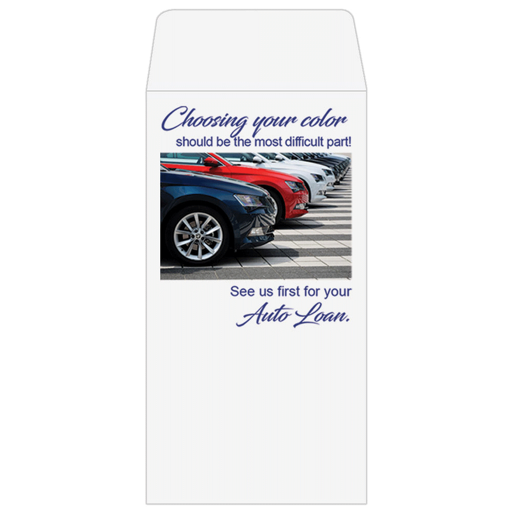 Full Color Pre-Designed Drive Up Envelope - Auto Loan - Choosing Your Color, Coin style bank envelopes