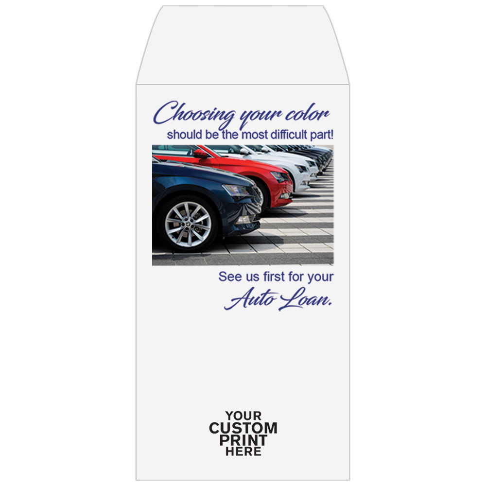 Full Color Pre-Designed Drive Up Envelope - Auto Loan - Choosing Your Color, Wide open end bank envelopes for cash with imprint location 
