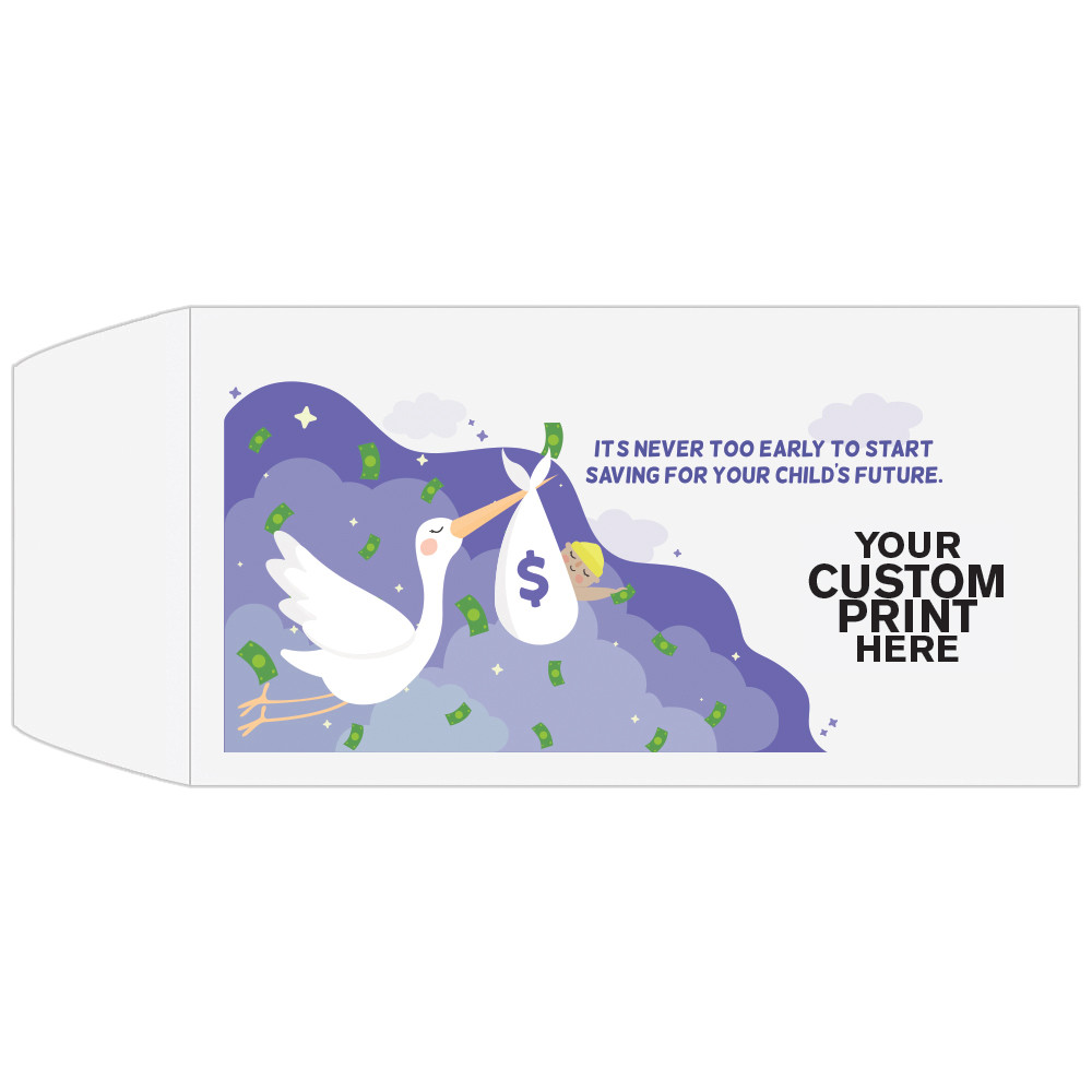 Full Color Pre-Designed Drive Up Envelope - Child's Future, Wide open end bank envelopes for cash with imprint location 