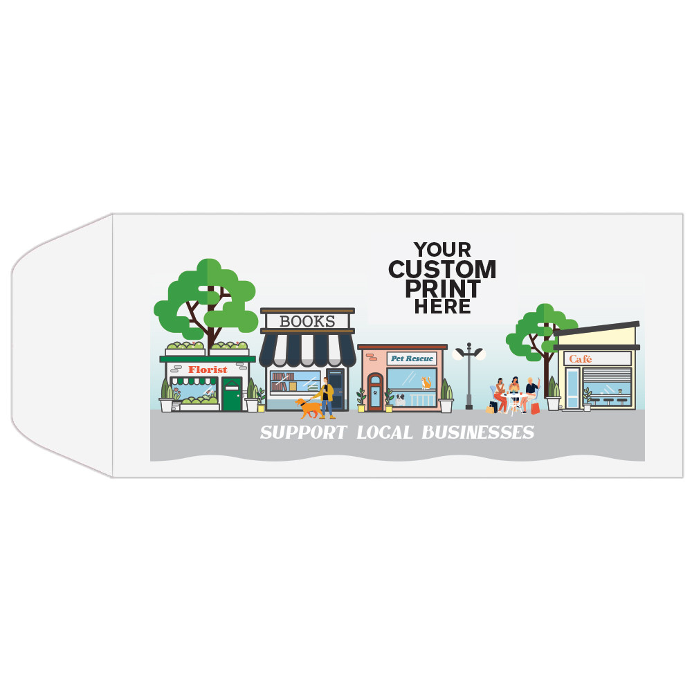 Full Color Pre-Designed Drive Up Envelope - Support Local Businesses, Standard open Cash envelopes for drive up bank tellers with imprint location 