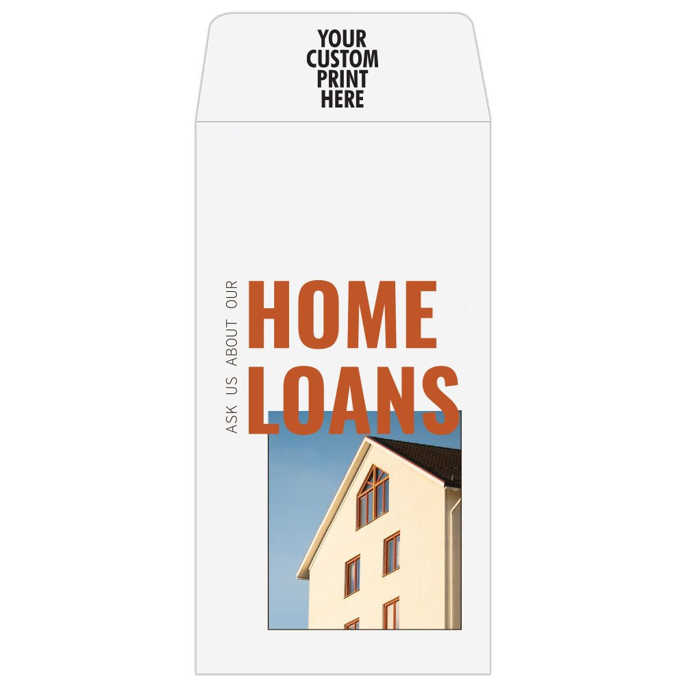 Coin style bank envelopes with imprint location,  Home Loans design on 4 Color Pre-Design Drive Up Envelope