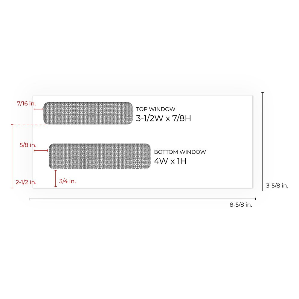 sizing chart: Top Window Size: 3-1/2W x 7/8H (inch) ,Top Window From Left Side: 7/16 inch, Top Window From Bottom: 2-1/2 inch , Bottom Window Size: 4W x 1H (inch) ,Bottom Window From Left Side: 5/8 inch, Bottom Window From Bottom: 3/4 inch