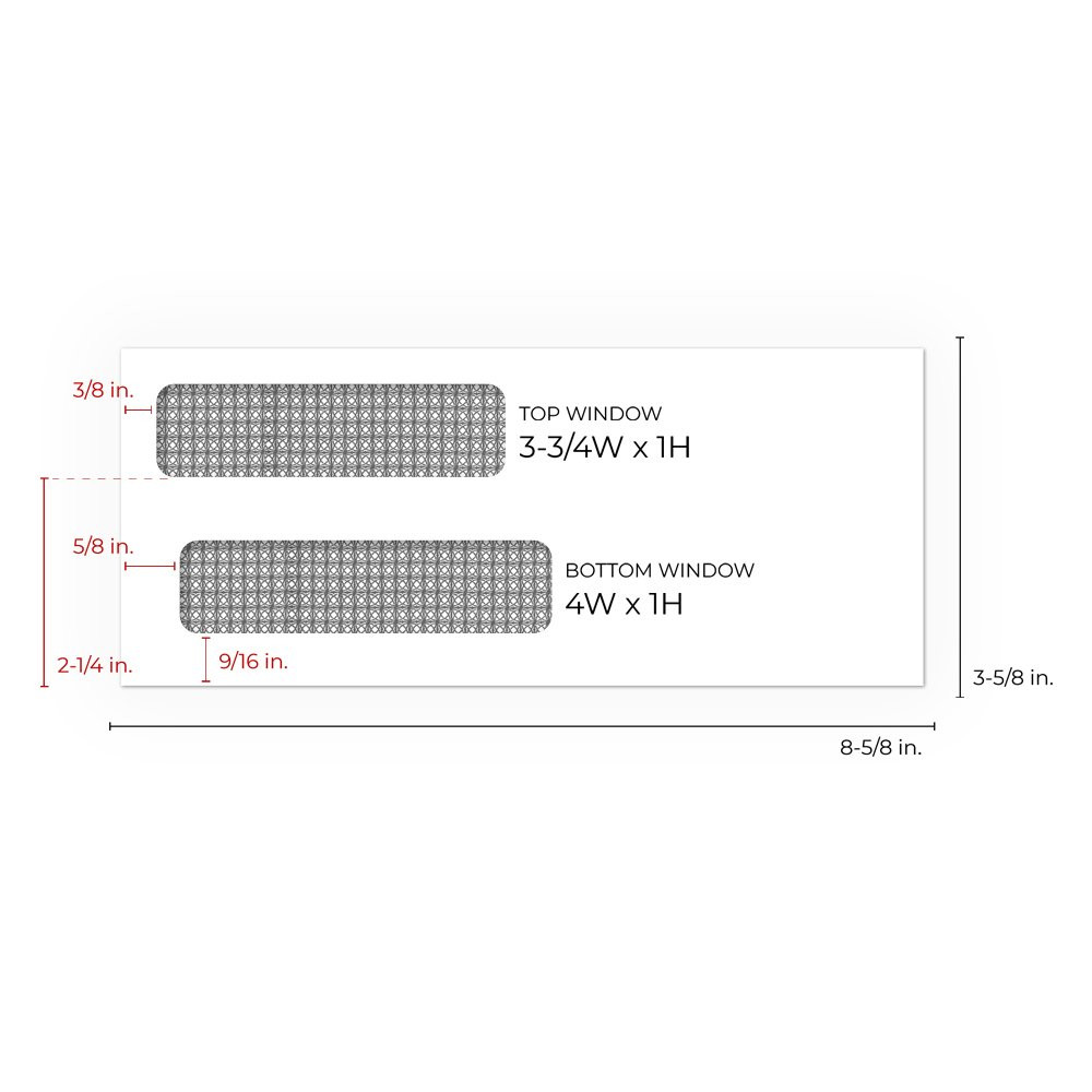 sizing chart: Top Window Size: 3-3/4W x 1H (inch), Top Window From Left Side: 3/8 inch ,Top Window From Bottom: 2-1/4 inch,  Bottom Window Size: 4W x 1H (inch), Bottom Window From Left Side: 5/8 inchm, Bottom Window From Bottom: 9/16 inch