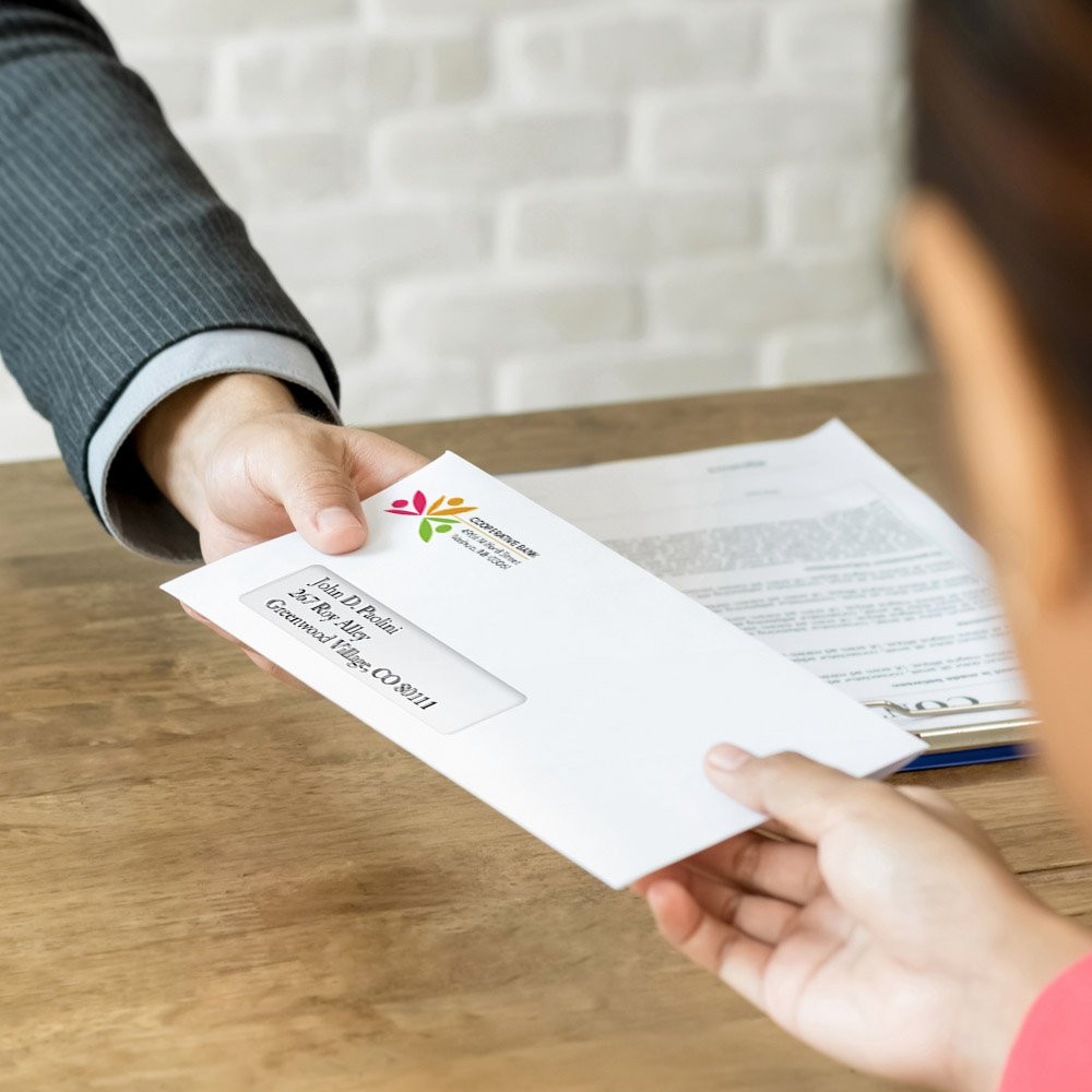 #9 & #10 Business Mailing Envelopes w/ 4 Color Imprint with and without window shown in use with customers 