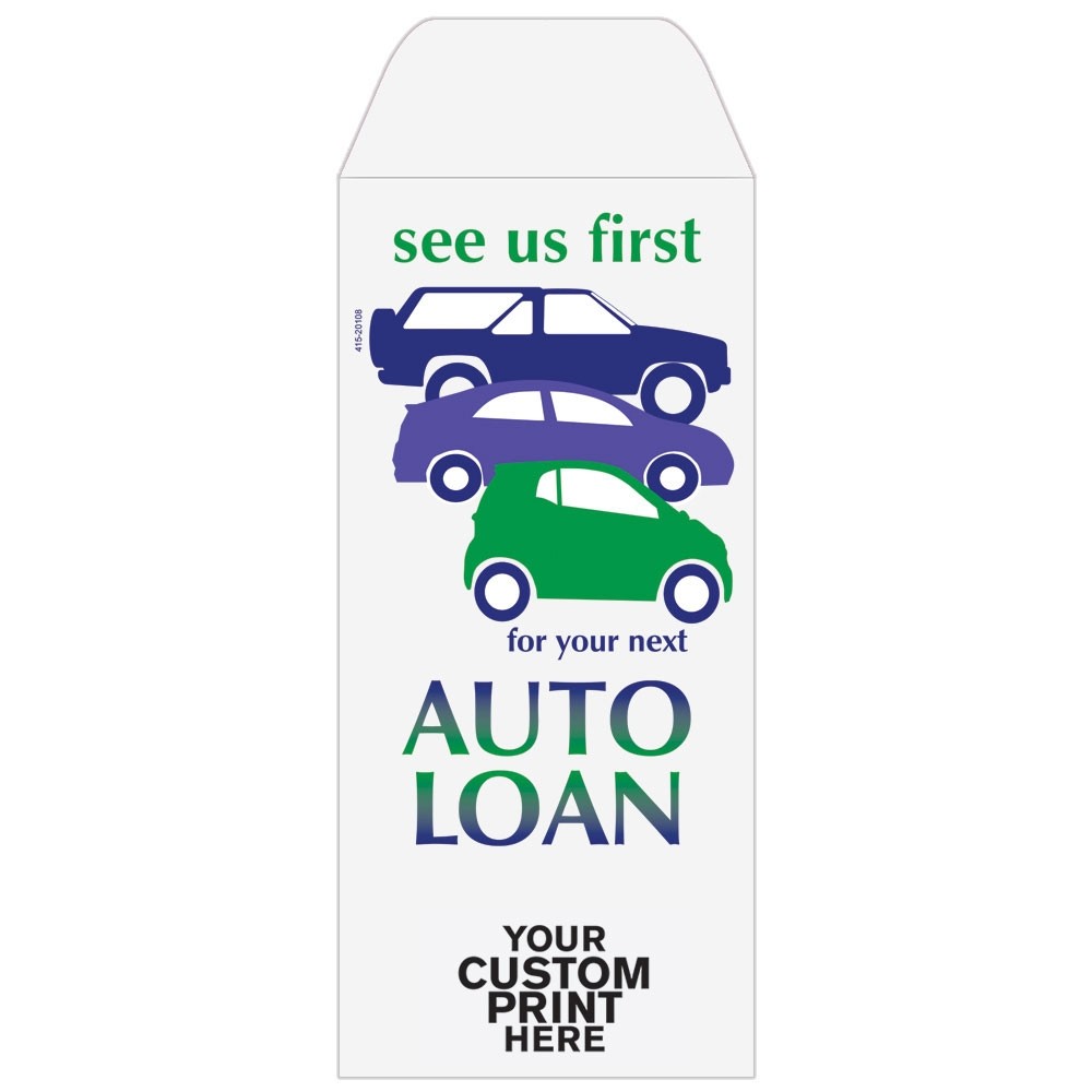 Auto Loan - See Us First - Add a 1-Color Logo - Drive Up Envelopes (500/Box) -  Custom Imprintable