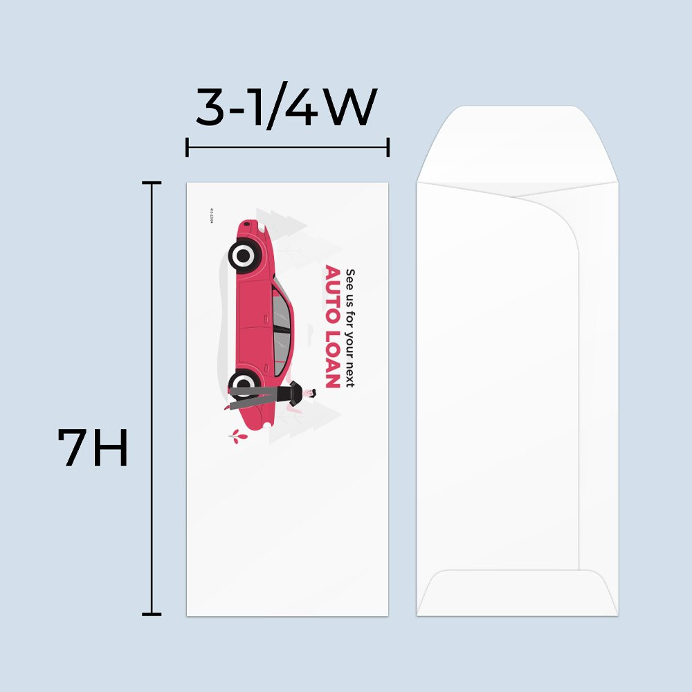 Drive up envelope size chart: 3-1/4 inch wide and 7 inch high; standard drive-up envelope 