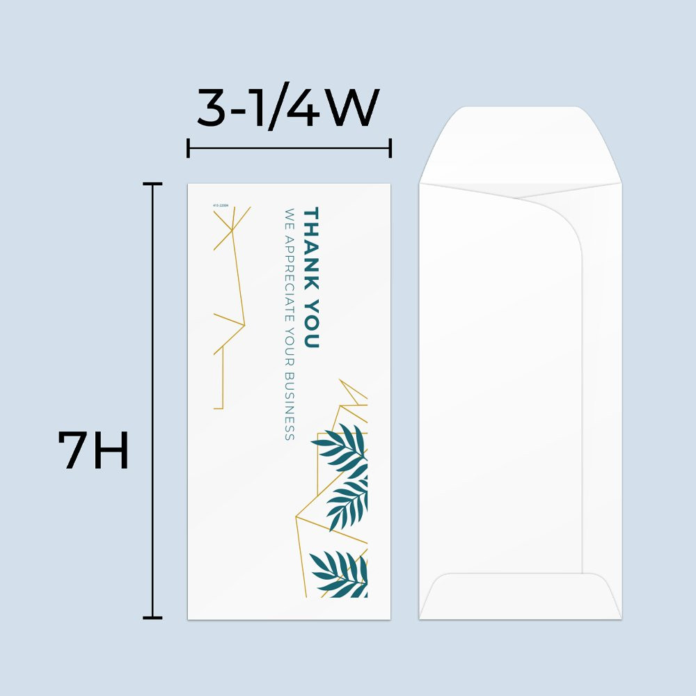 Drive up envelope size chart: 3-1/4 inch wide and 7 inch high; standard drive-up envelope 