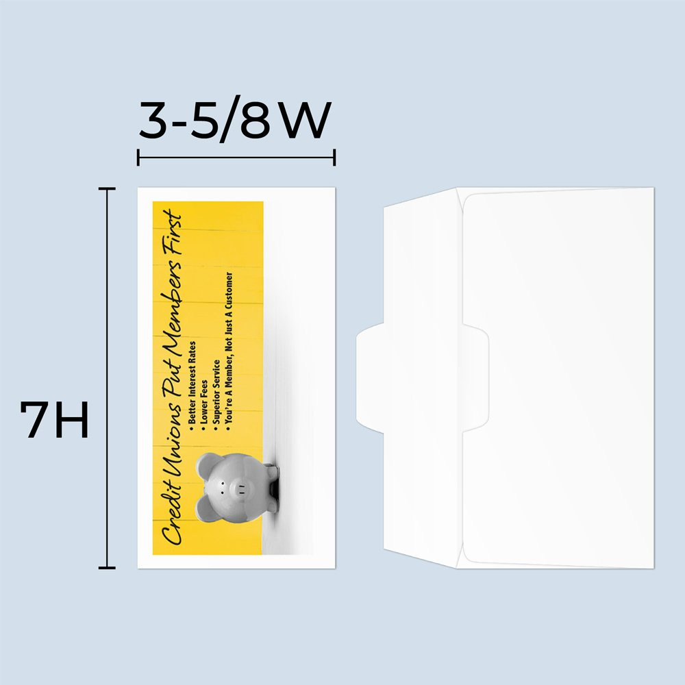 Drive up envelope size chart: 3-5/8 inch wide and 7 inch high; open side cash envelope