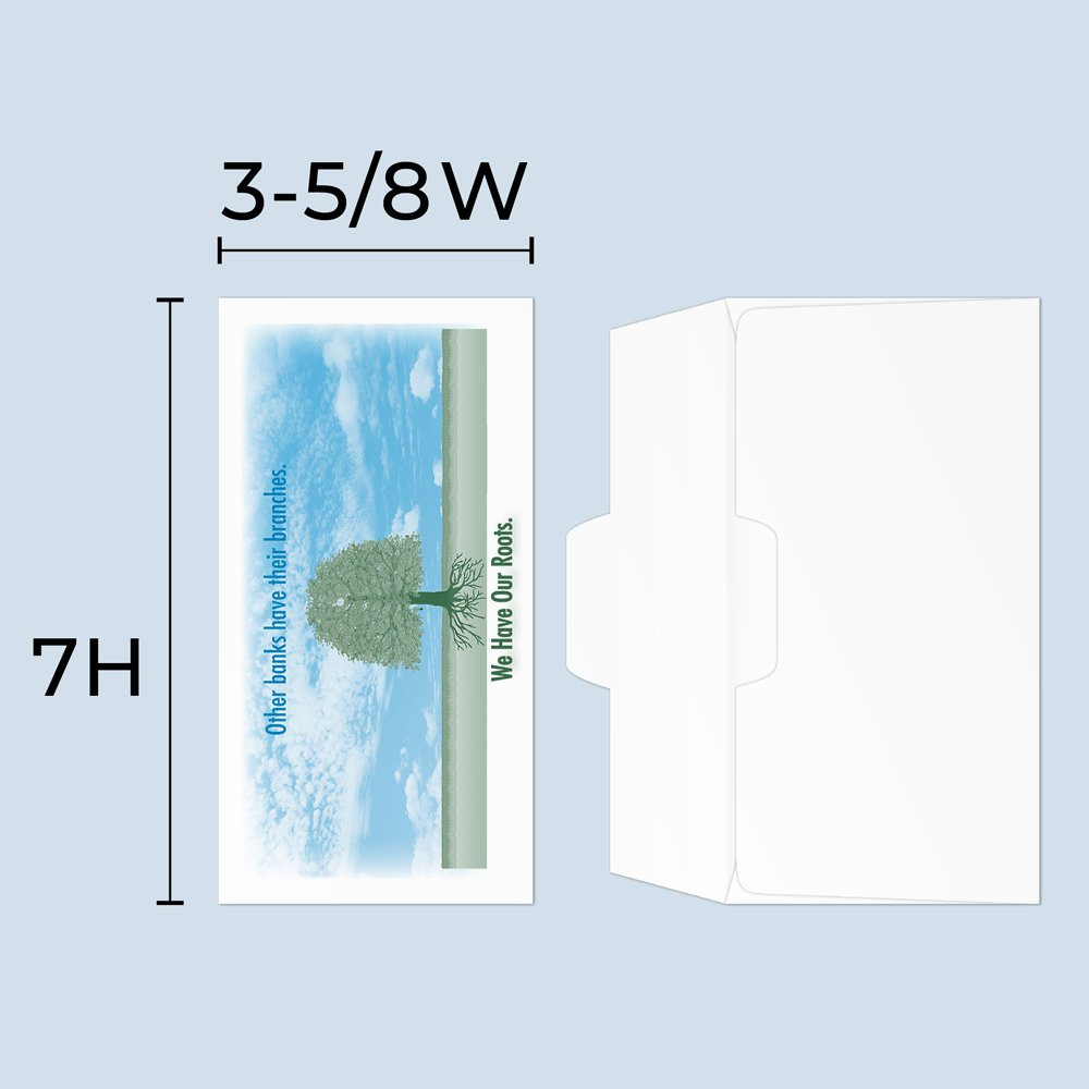 Drive up envelope size chart: 3-5/8 inch wide and 7 inch high; open side cash envelope