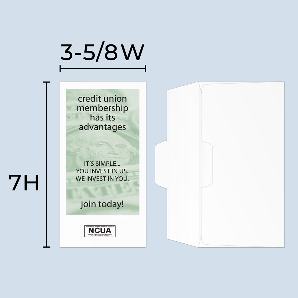 Drive up envelope size chart: 3-5/8 inch wide and 7 inch high; open side cash envelope