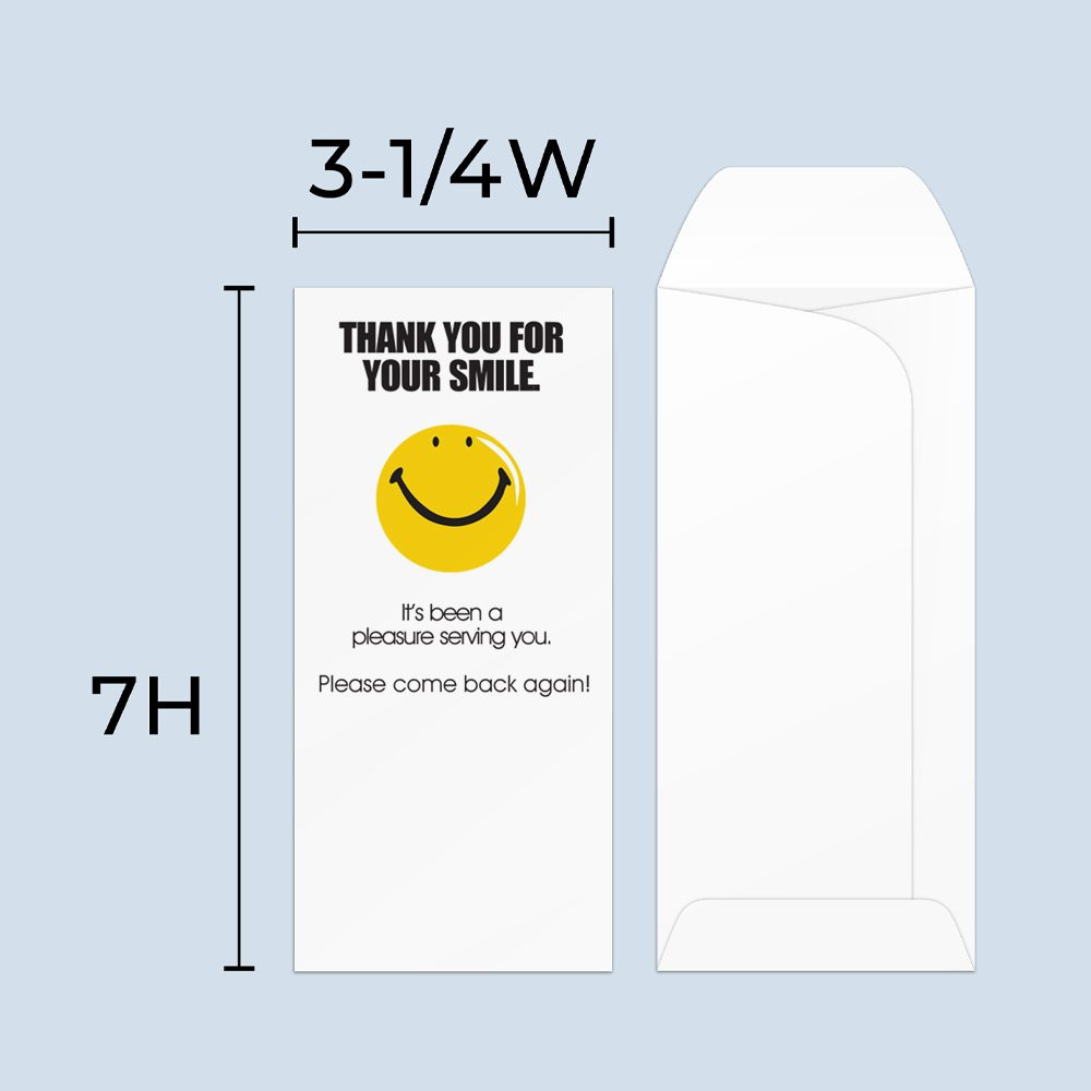 Drive up envelope size chart: 3-1/4 inch wide and 7 inch high; standard drive-up envelope 