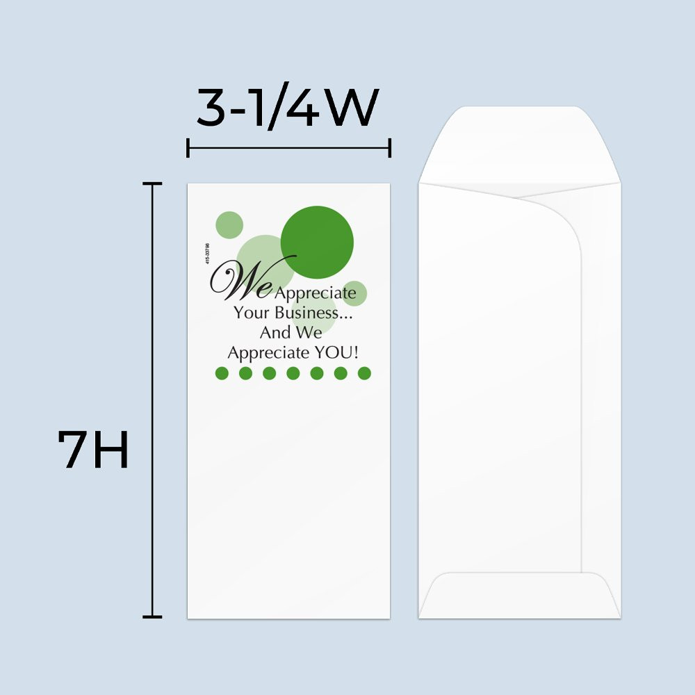 Drive up envelope size chart: 3-1/4 inch wide and 7 inch high; standard drive-up envelope 