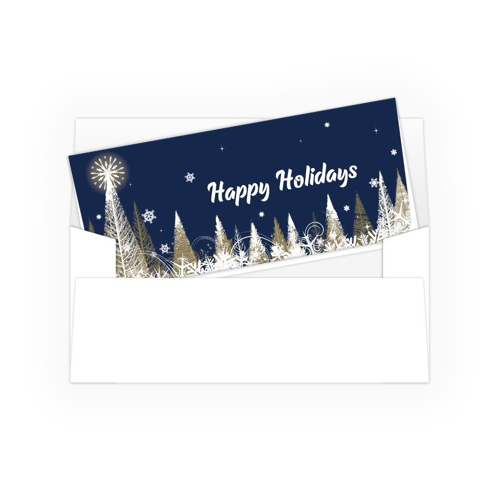 Holiday Currency Envelopes - Happy Holidays - Blue / Gold Trees w/ Metallic Ink - 250 inners/250 outers