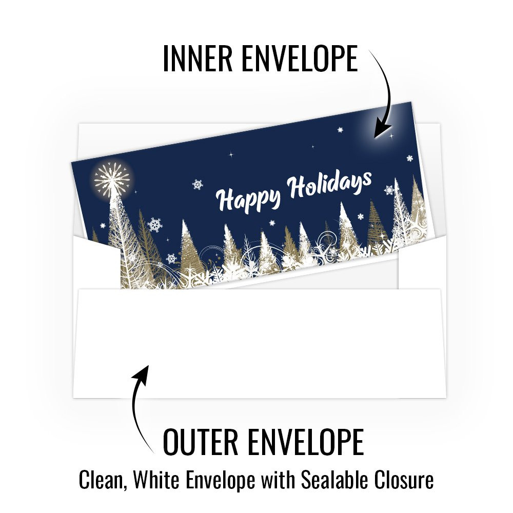 Holiday Cash Envelopes - Happy Holidays - Blue / Gold Trees w/ Metallic Ink - 250 inners/250 outers