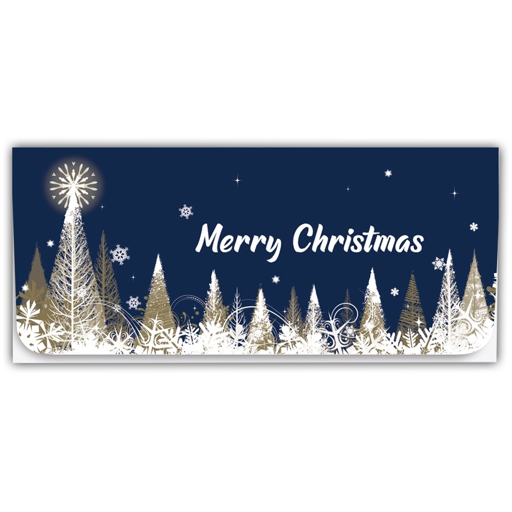 Holiday Currency Gift Envelope - Merry Christmas - Blue / Gold Trees w/ Metallic Ink