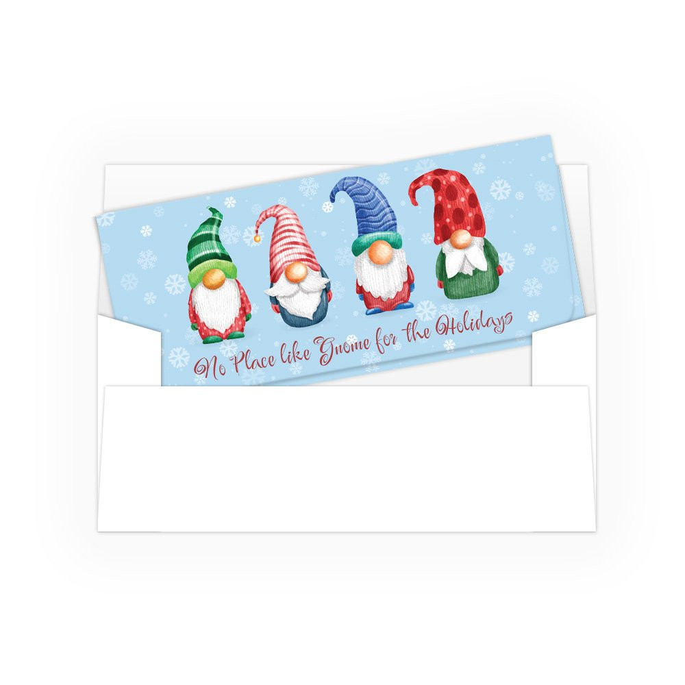 Holiday Currency Gift Envelope - No Place Like Gnome- shown inside of clean white outer envelope 