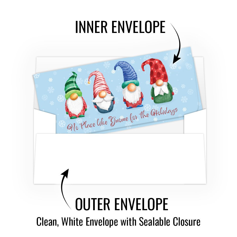 Holiday Currency Gift Envelope - No Place Like Gnome- shown inside of clean white outer envelope ;   