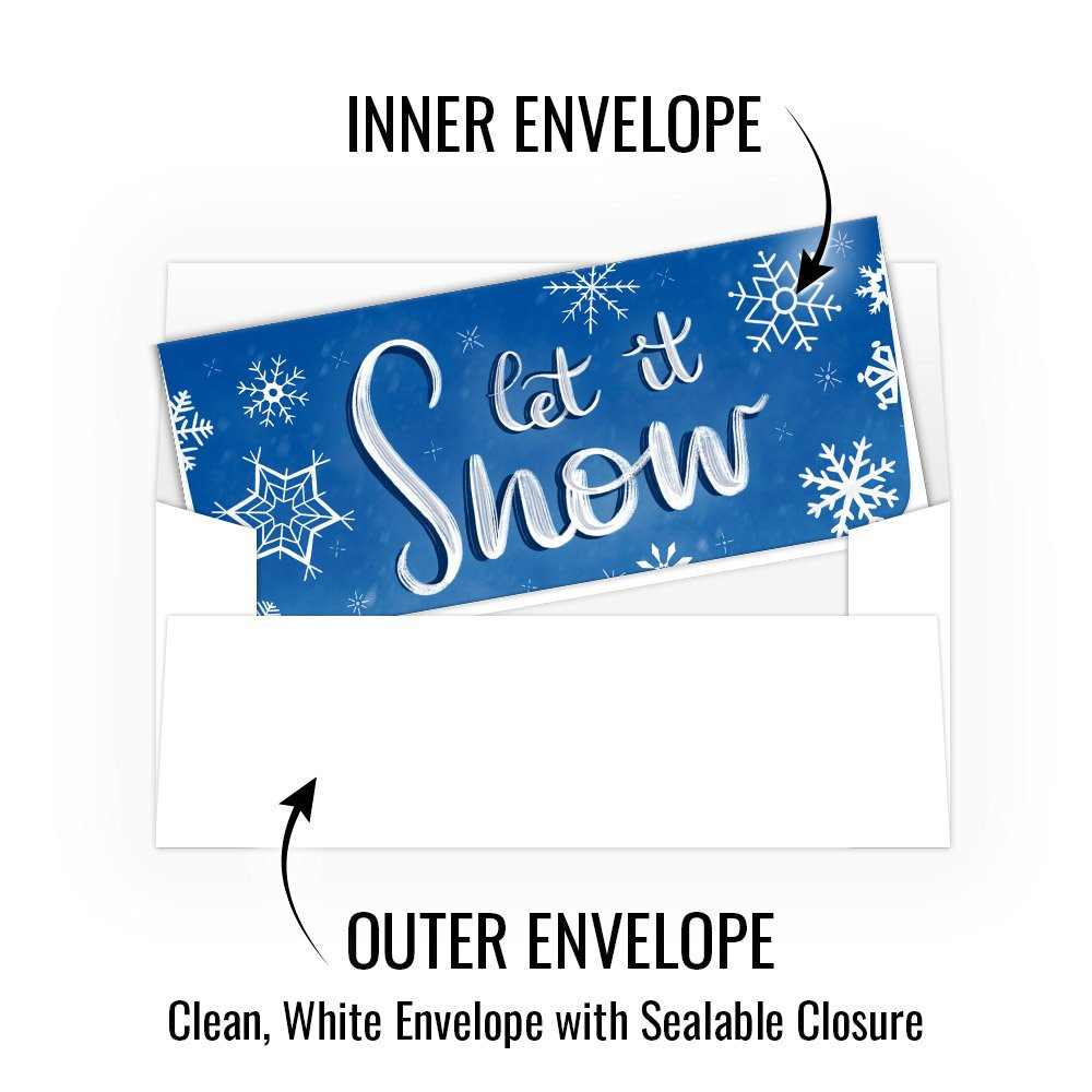 infographic image- Inner decorative envelope "let it snow", outer envelope clean white 