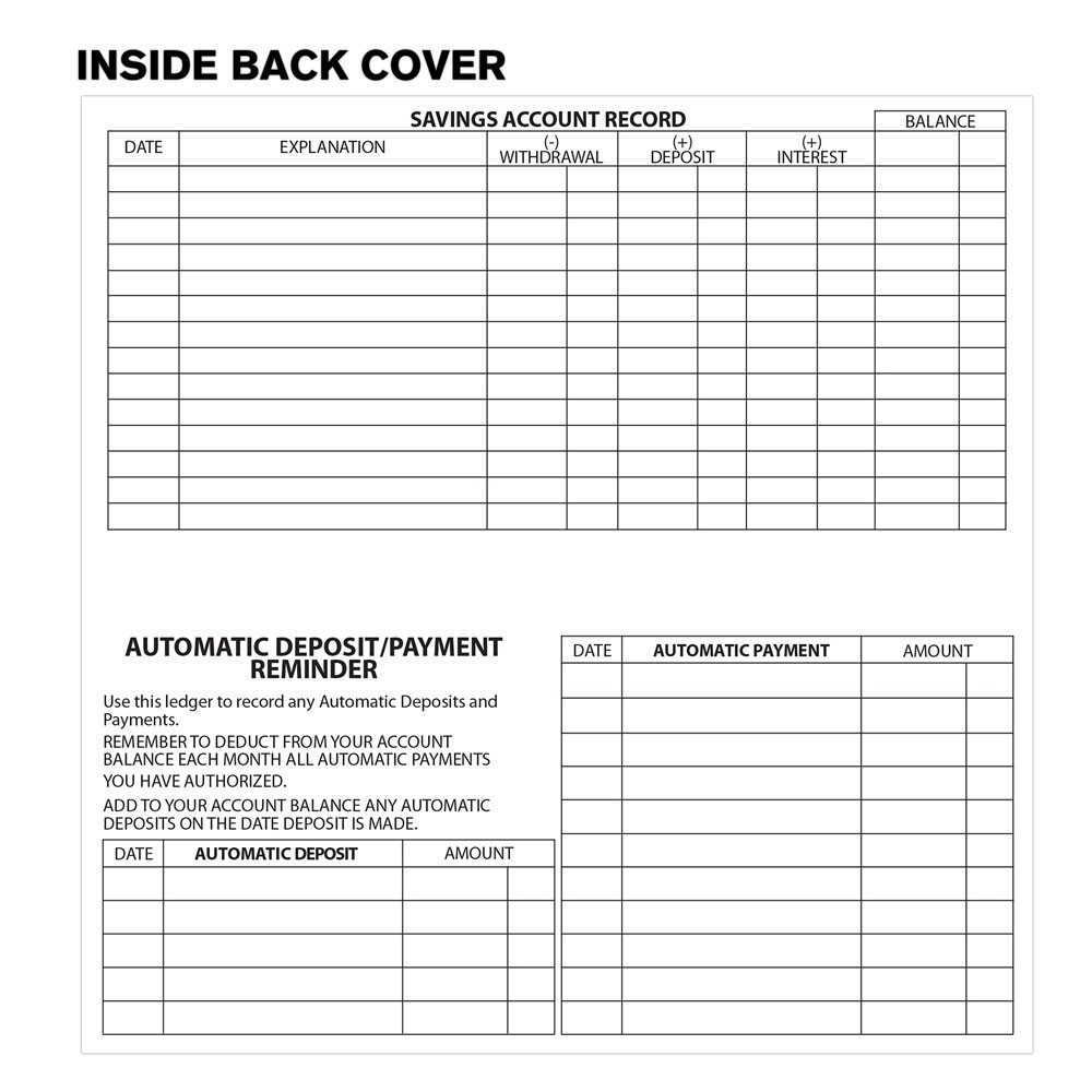 Checkbook Register Stock – 6W x 3H - 30 Pages, Inside back cover 