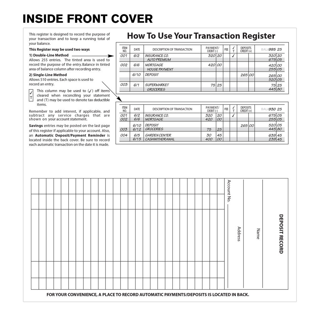Checkbook Register Stock – 6W x 3H - 30 Pages, Inside Front Cover 