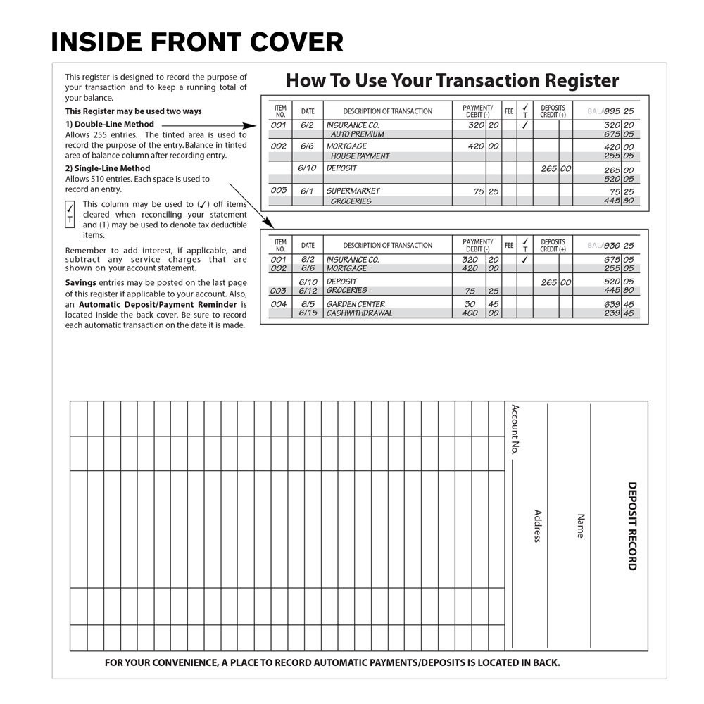  6W x 3H  Checkbook Register Stock Displaying Inside Front Cover