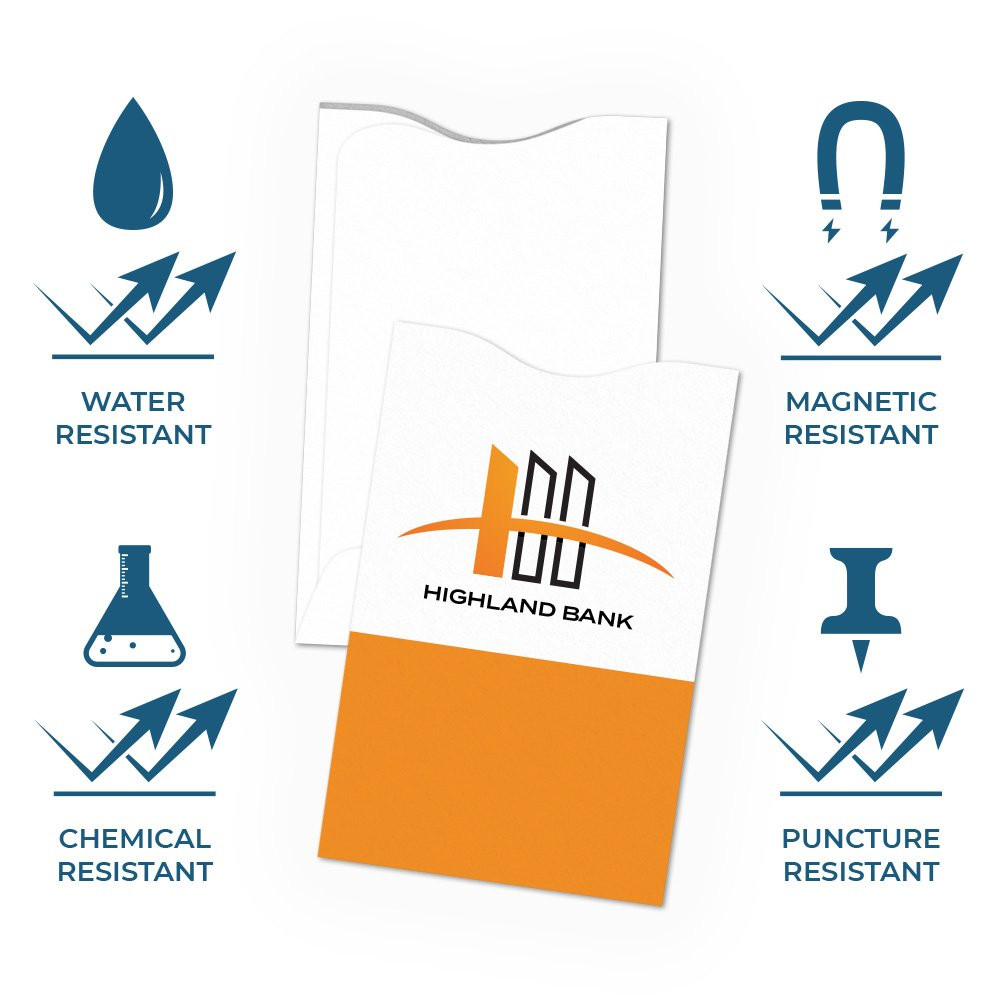 Infographic image for Tyvek® Card Sleeves; water resistant, magnetic resistant, chemical resistant, puncture resistant