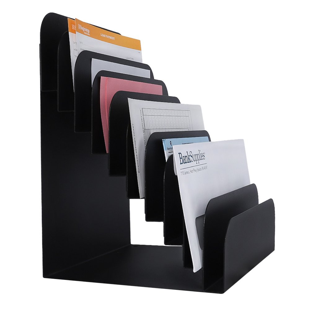 STEELMASTER® Cashier Pad Rack 10 Slot File & Desk Organizer side view with documents