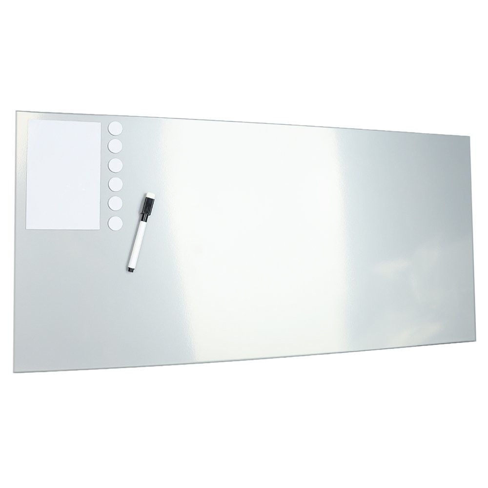 STEELMASTER Magnetic Bulletin Board - Silver - 30 x 14 with items attached