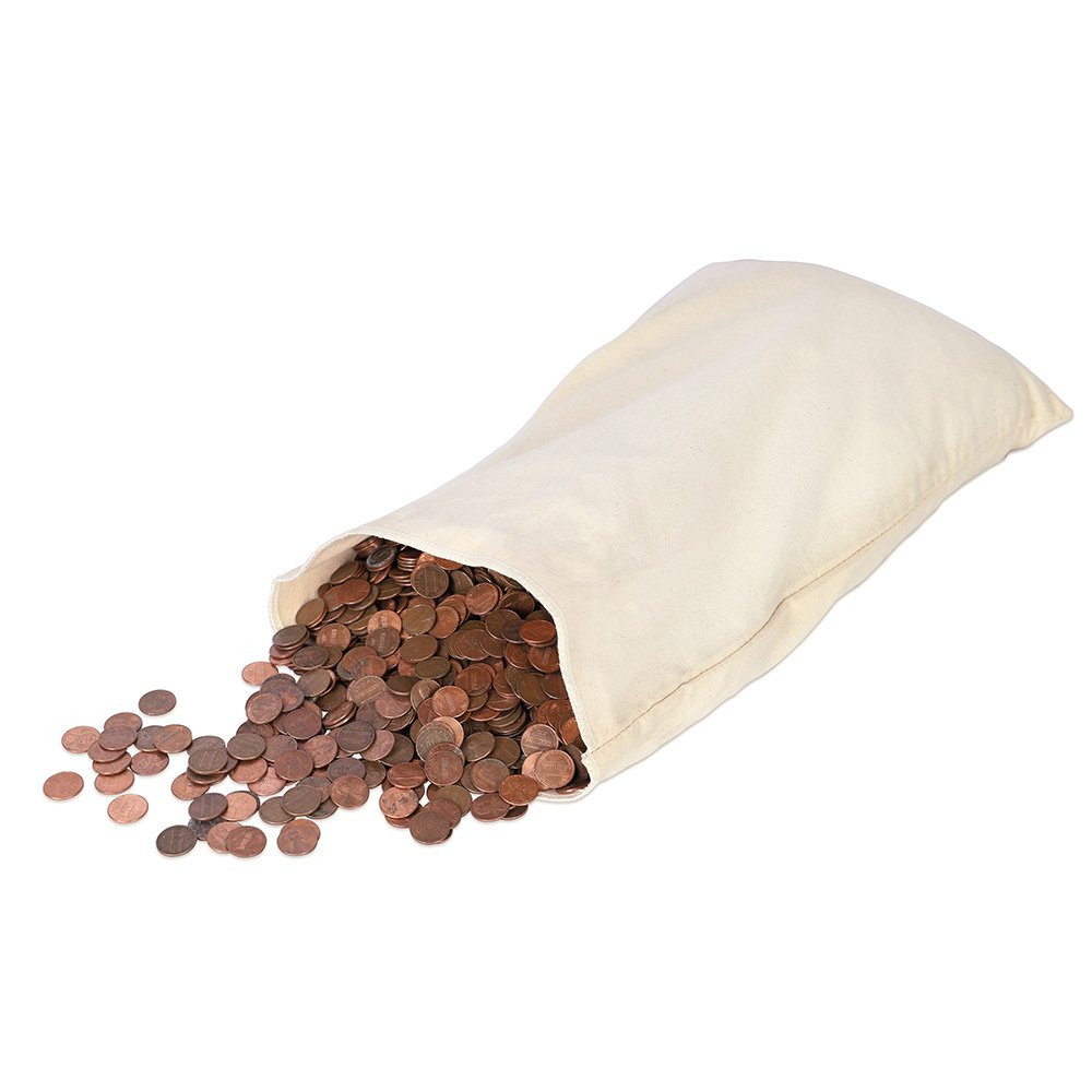 Cotton Canvas coin Bags - 9W x 17-1/2H; 1 laying with coin in the fabric coin bag 