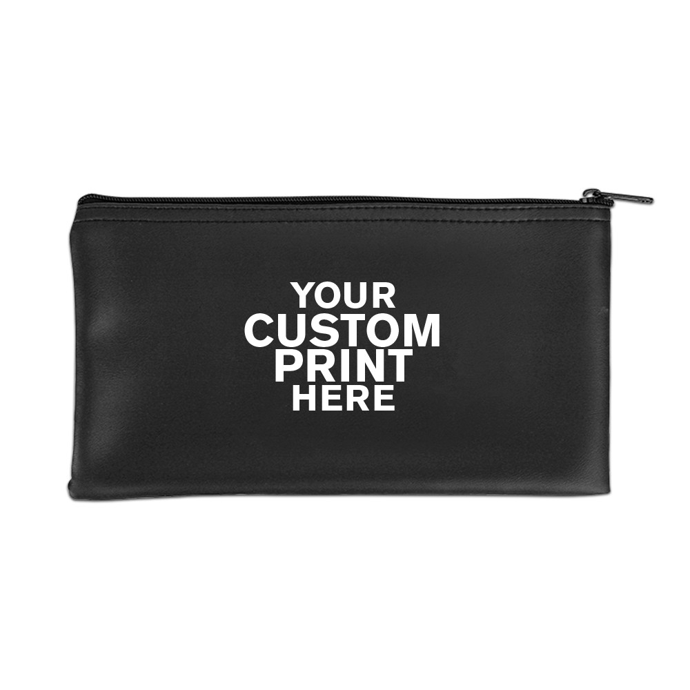 Black Vinyl Zipper Bag 11W x 6H shown with white imprint 