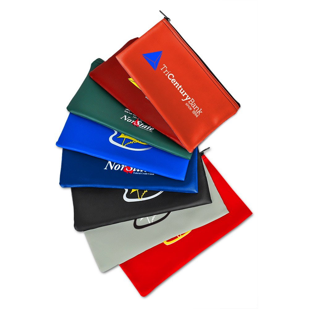 2-Color Imprinted - Vinyl Zipper Bag 11W x 6H - Quick-Ship; reddish orange, burgundy, forest green, royal blue, navy blue, black, gray, and red