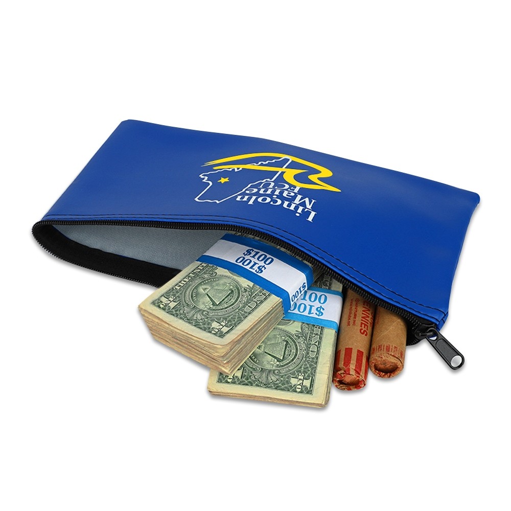 royal blue vinyl spper bag shown with logo and cash and coin 