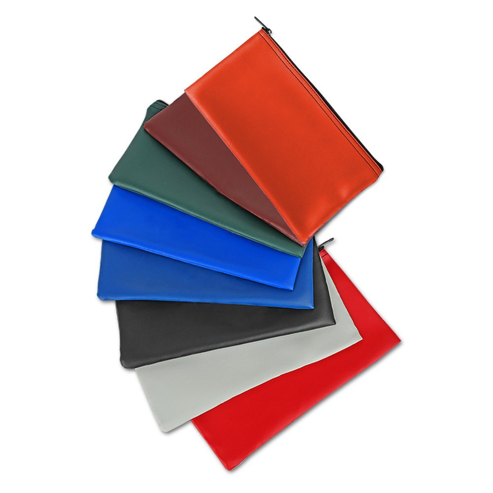 Vinyl Zipper Bags 11W x 6H - Ready to Ship showning reddish orange, burgundy, forest green, royal blue, navy blue, black, gray and red 