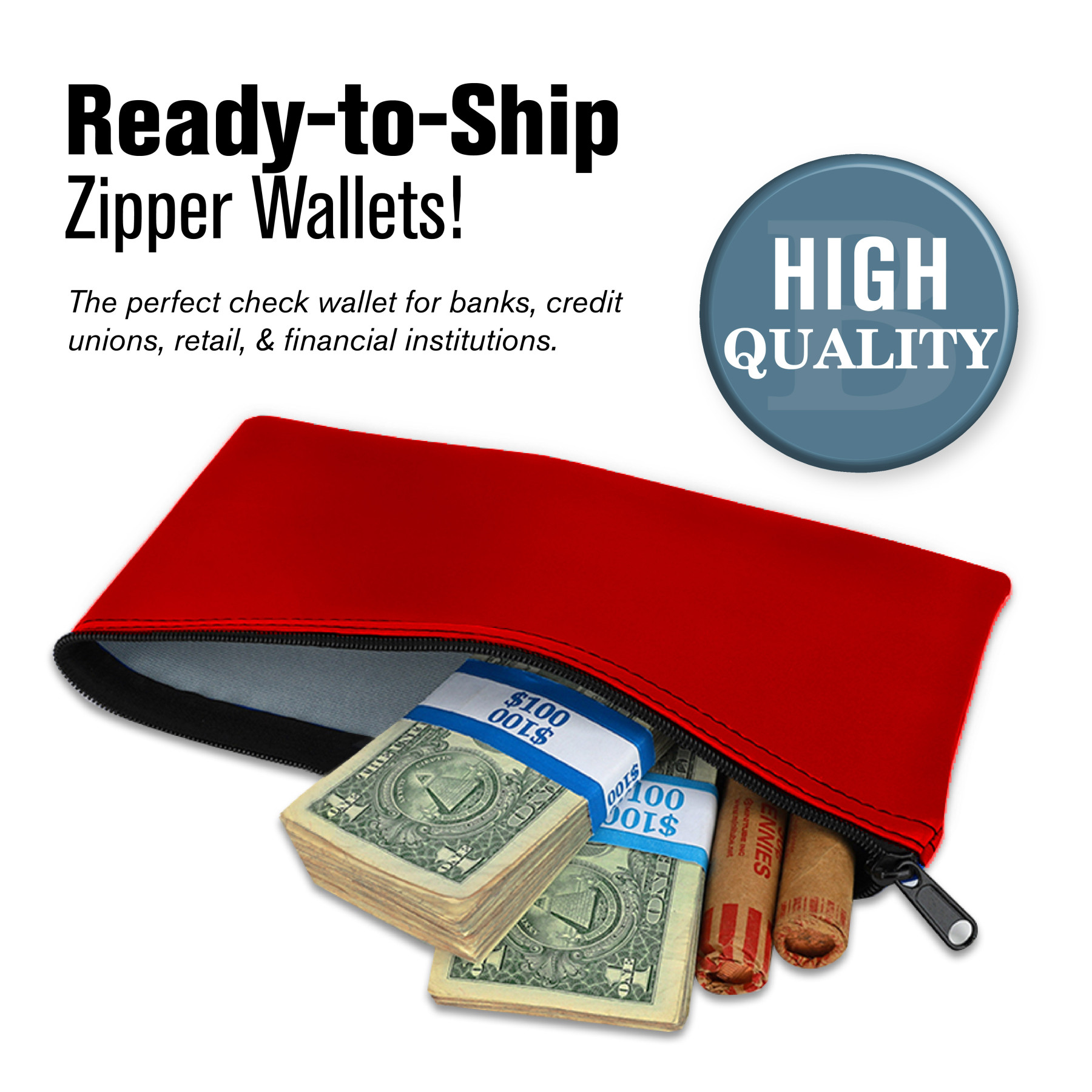 Infographic - ready to ship zipper wallets; the perfect check wallet for banks, credit unions, retail & financial institions; High Quality; Red zipper wallet pictured 
