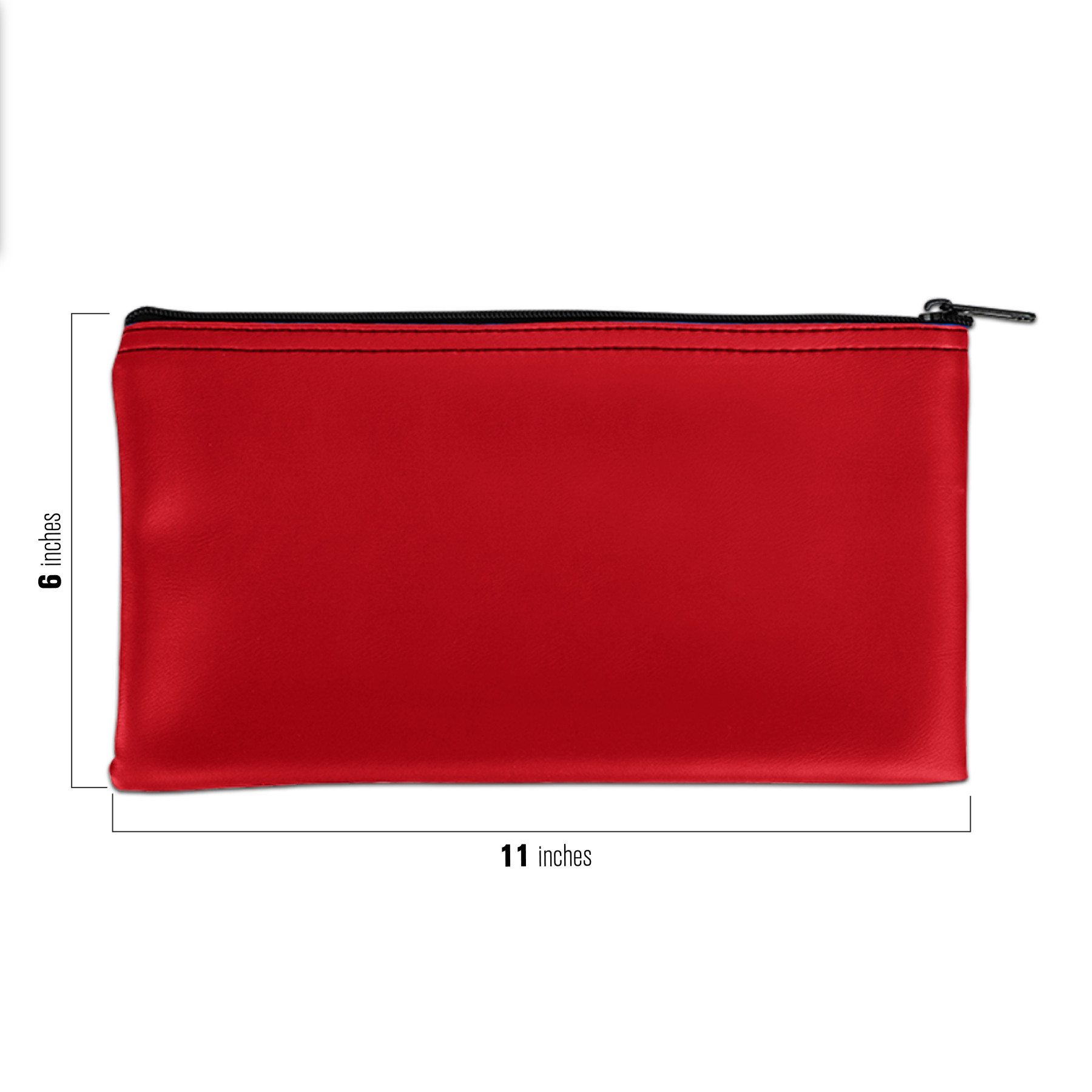 Red Vinyl Zipper Bags 11W x 6H ; infographic showning bag dimensions 