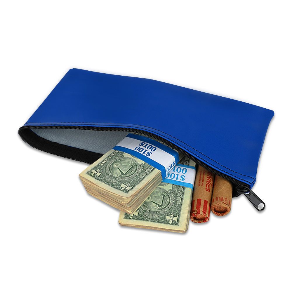 royal blue 4oz Cotton Canvas Zipper Bags shown in use with cash and coin; The cash or coin shown is for illustration purposes only.